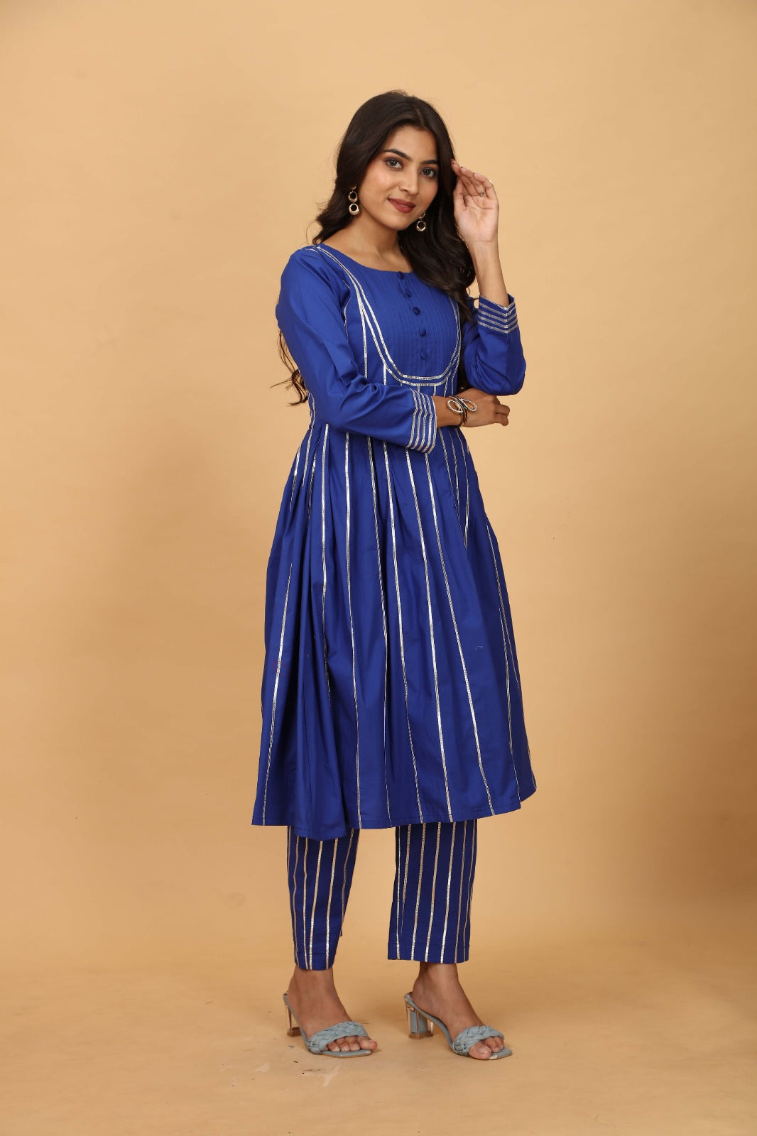 Blue Cotton Satin Kurti Set