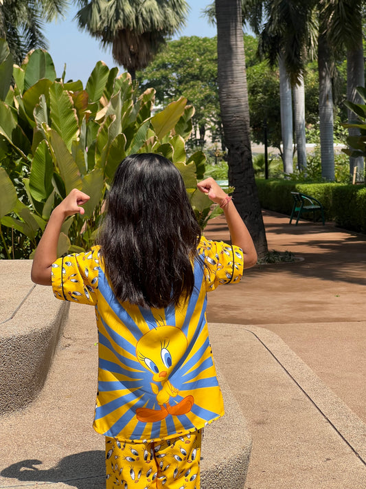 YELLOW BACK PRINTED KIDS NIGHT SUITE FOR GIRLS