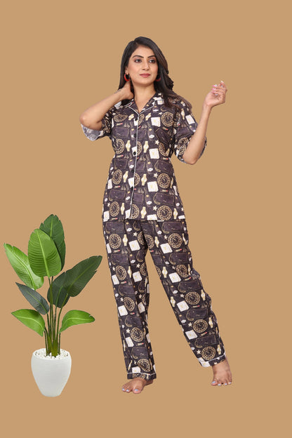 BROWN WATCH PRIINTED NIGHT SUITE
