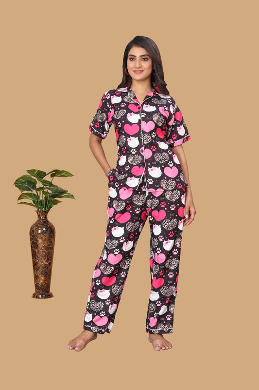 MULTICOLOR HEART PRINTED NIGHT SUITE