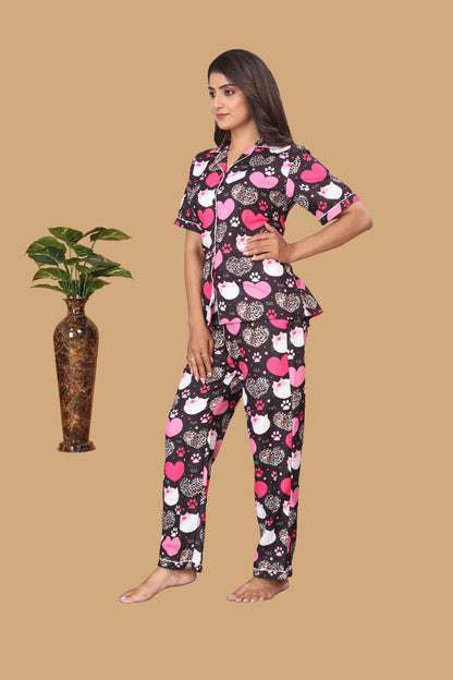MULTICOLOR HEART PRINTED NIGHT SUITE