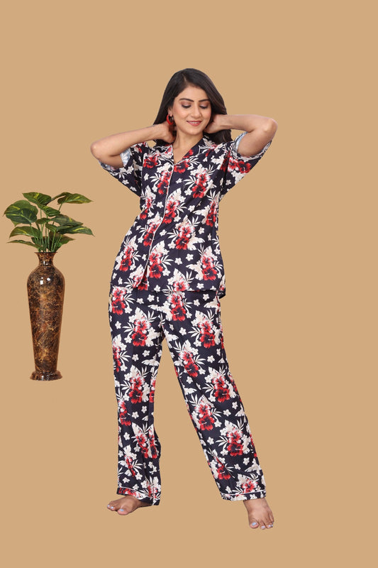 WHITE RED FLOWER PRINT NIGHT SUITE