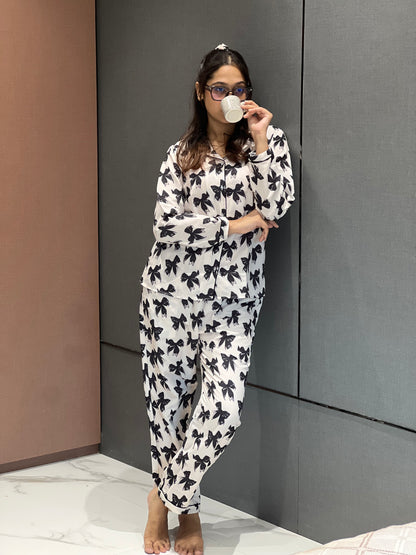 BOW PRINTED NIGHT SUITE WITH  SCRUNCHIESH