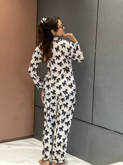 BOW PRINTED NIGHT SUITE WITH  SCRUNCHIESH