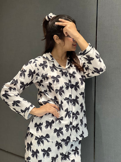 BOW PRINTED NIGHT SUITE WITH  SCRUNCHIESH