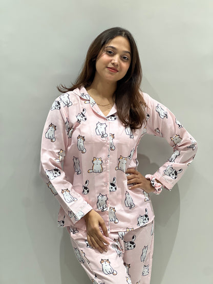CAT PINK COLUR PRINTED NIGHT SUITE WITH SCRUNCHES