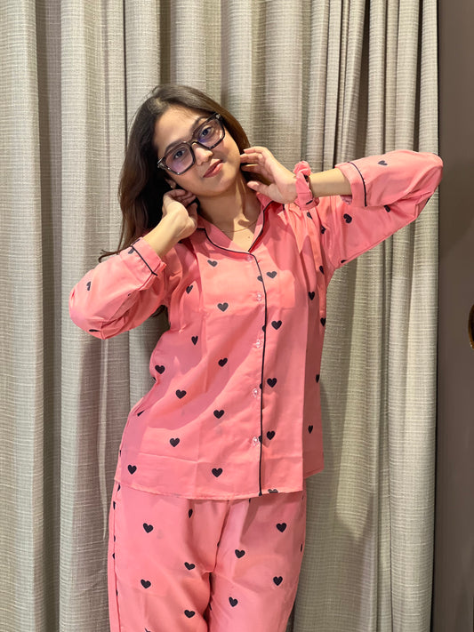 HEART PRINTED NIGHT SUITE WITH SCRUNCHES