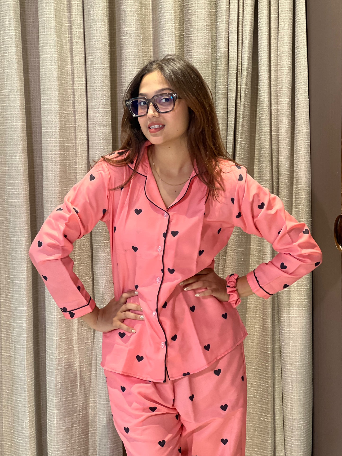 HEART PRINTED NIGHT SUITE WITH SCRUNCHES