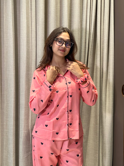 HEART PRINTED NIGHT SUITE WITH SCRUNCHES