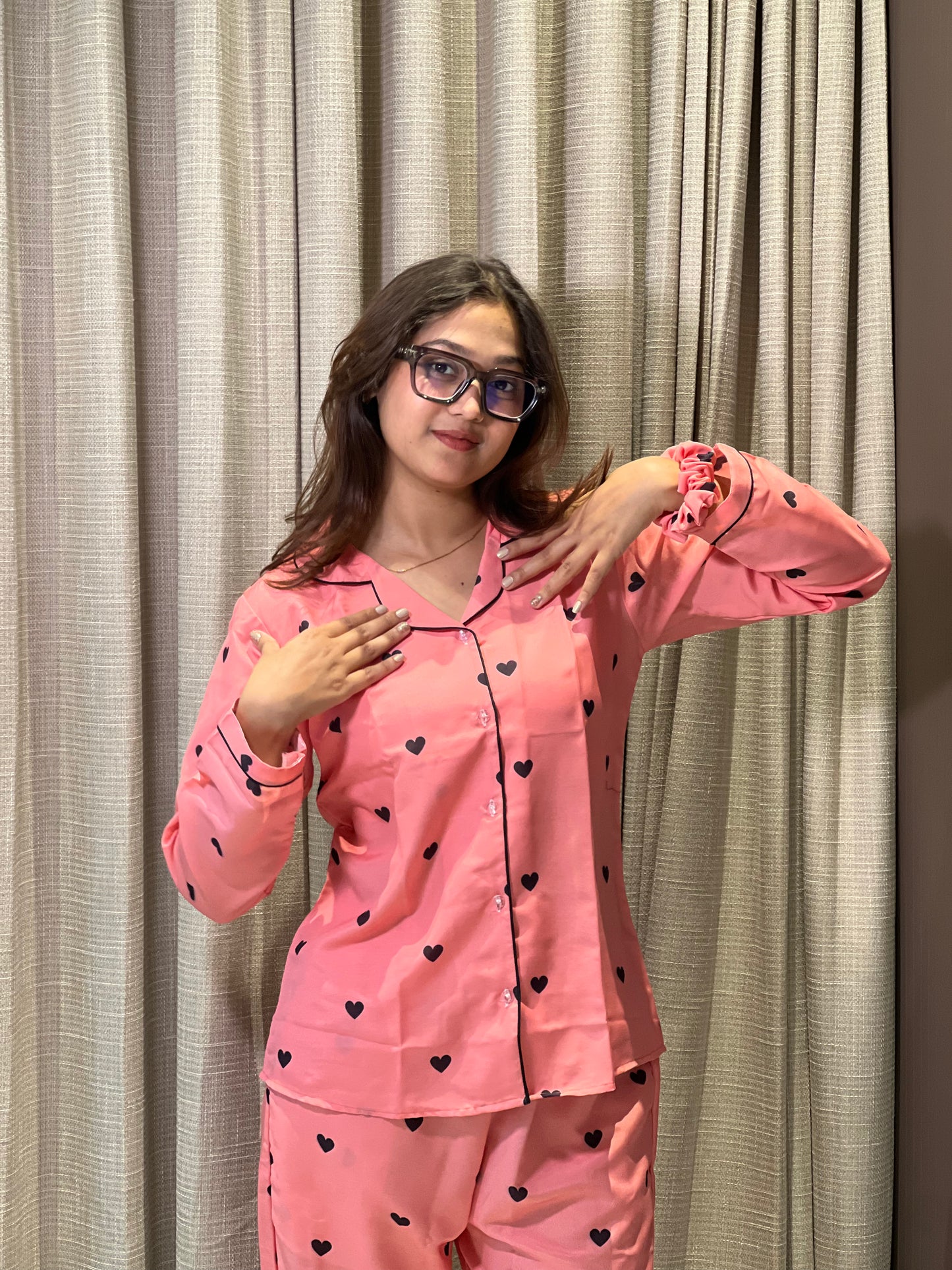 HEART PRINTED NIGHT SUITE WITH SCRUNCHES