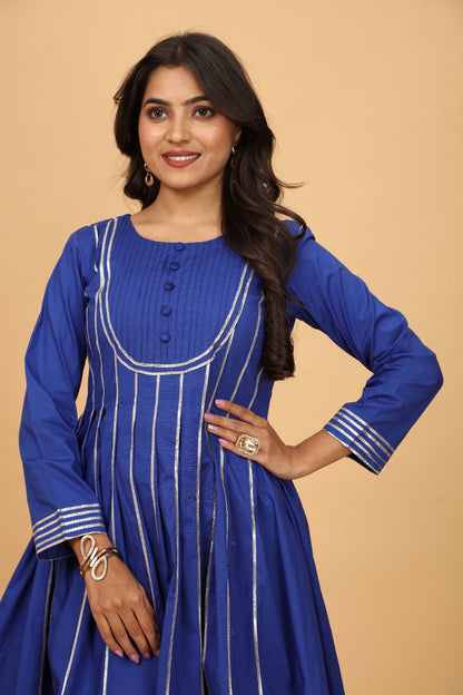 Blue Cotton Satin Kurti Set