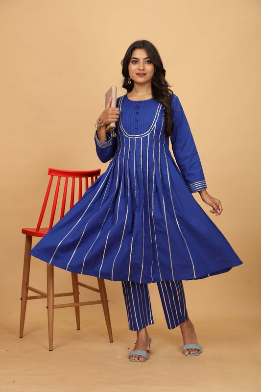 Blue Cotton Satin Kurti Set